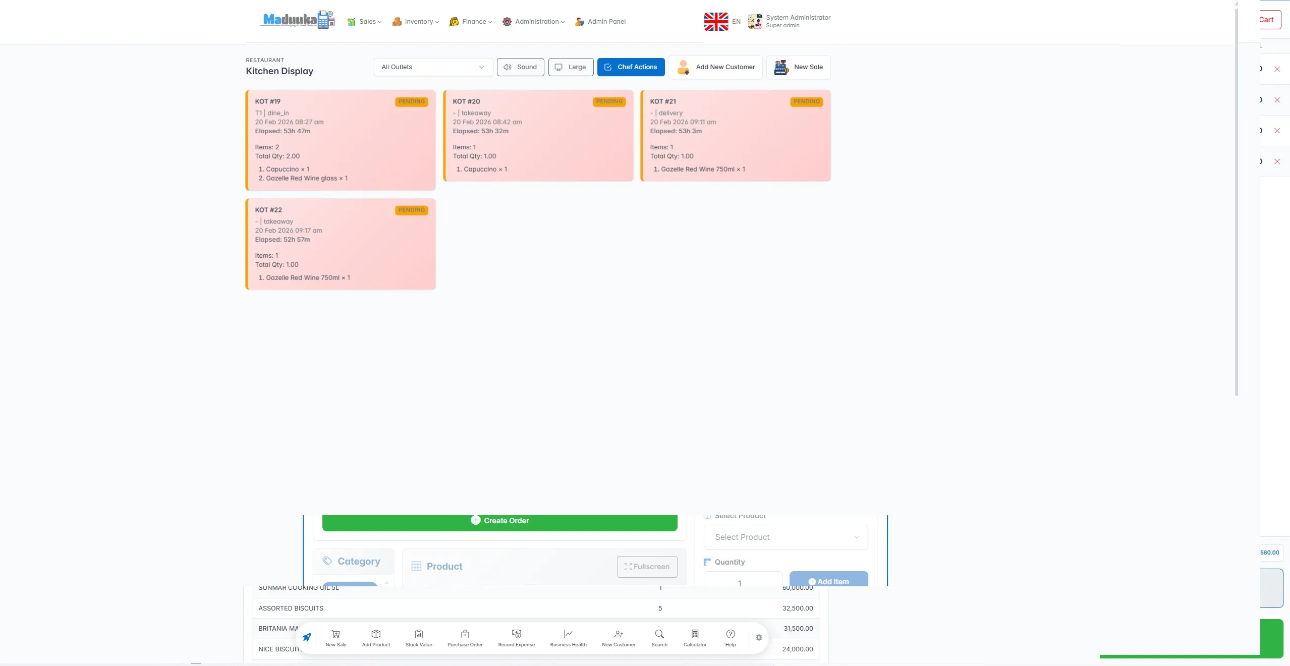 Maduuka kitchen display screen for tracking restaurant KOT progress