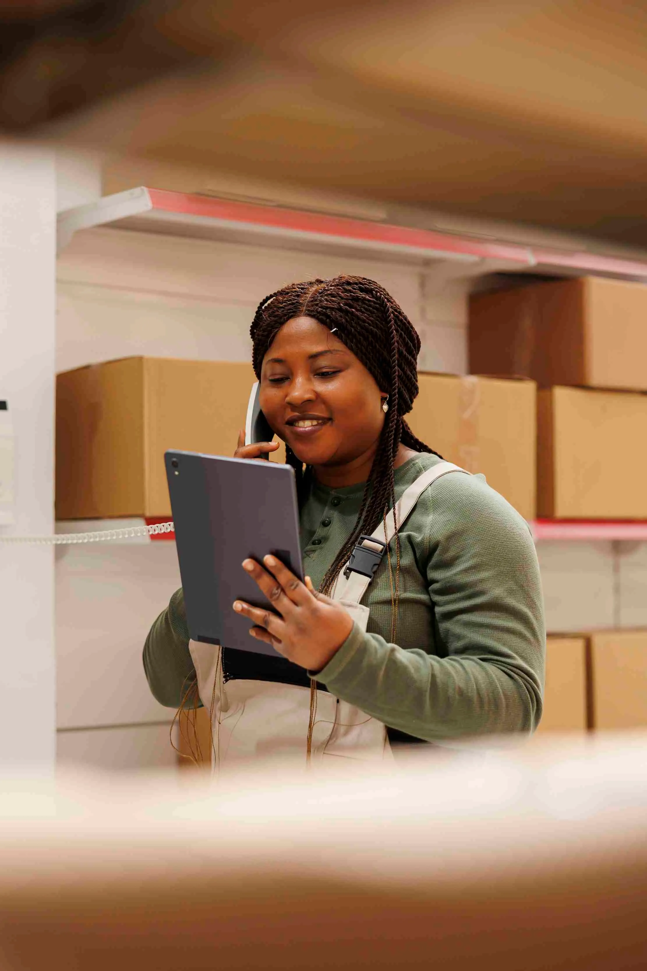 Warehouse employee coordinating product inventory and online order fulfilment from a tablet