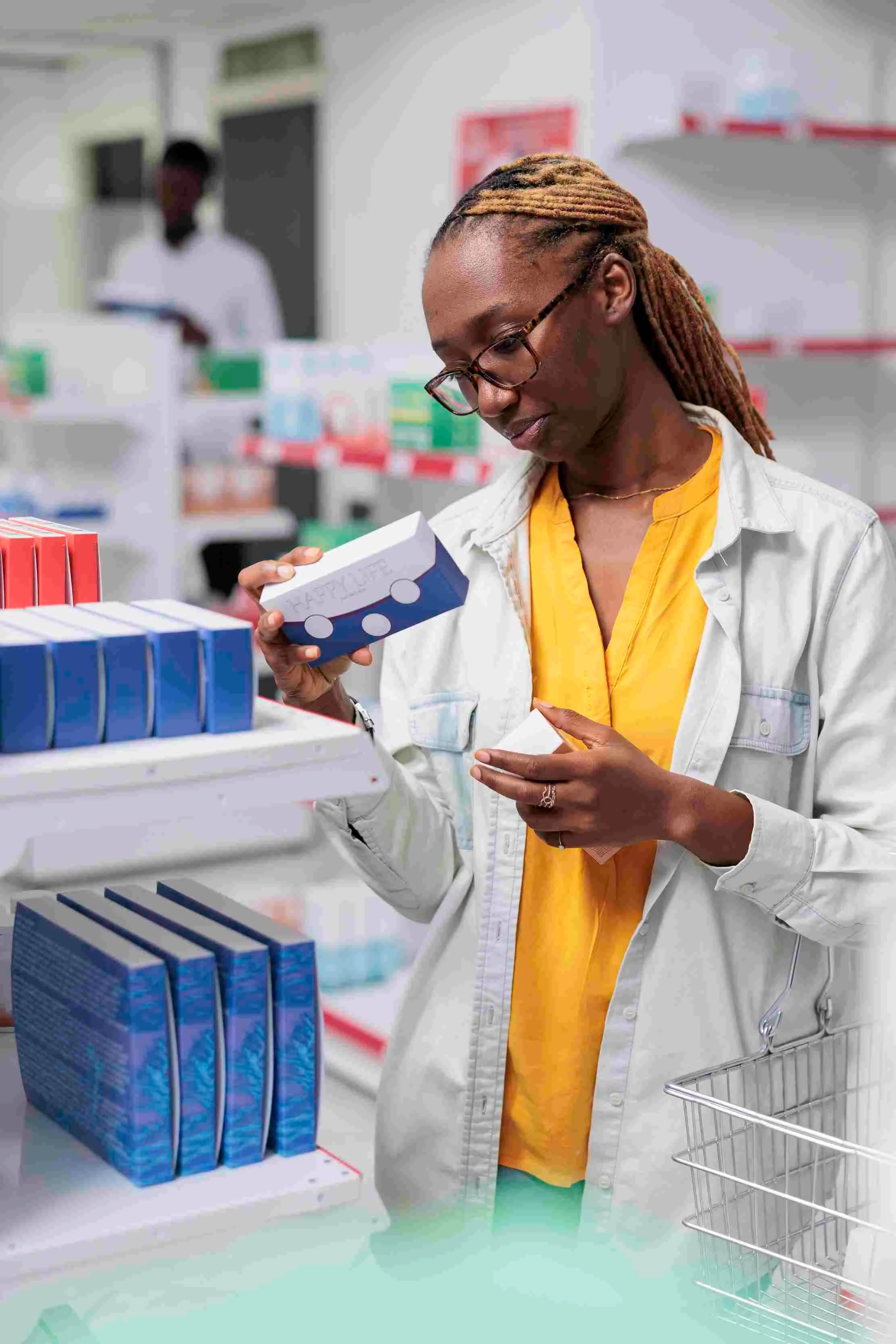 Customer checking vitamin packs on a drug store shelf where every product is tracked by batch and expiry