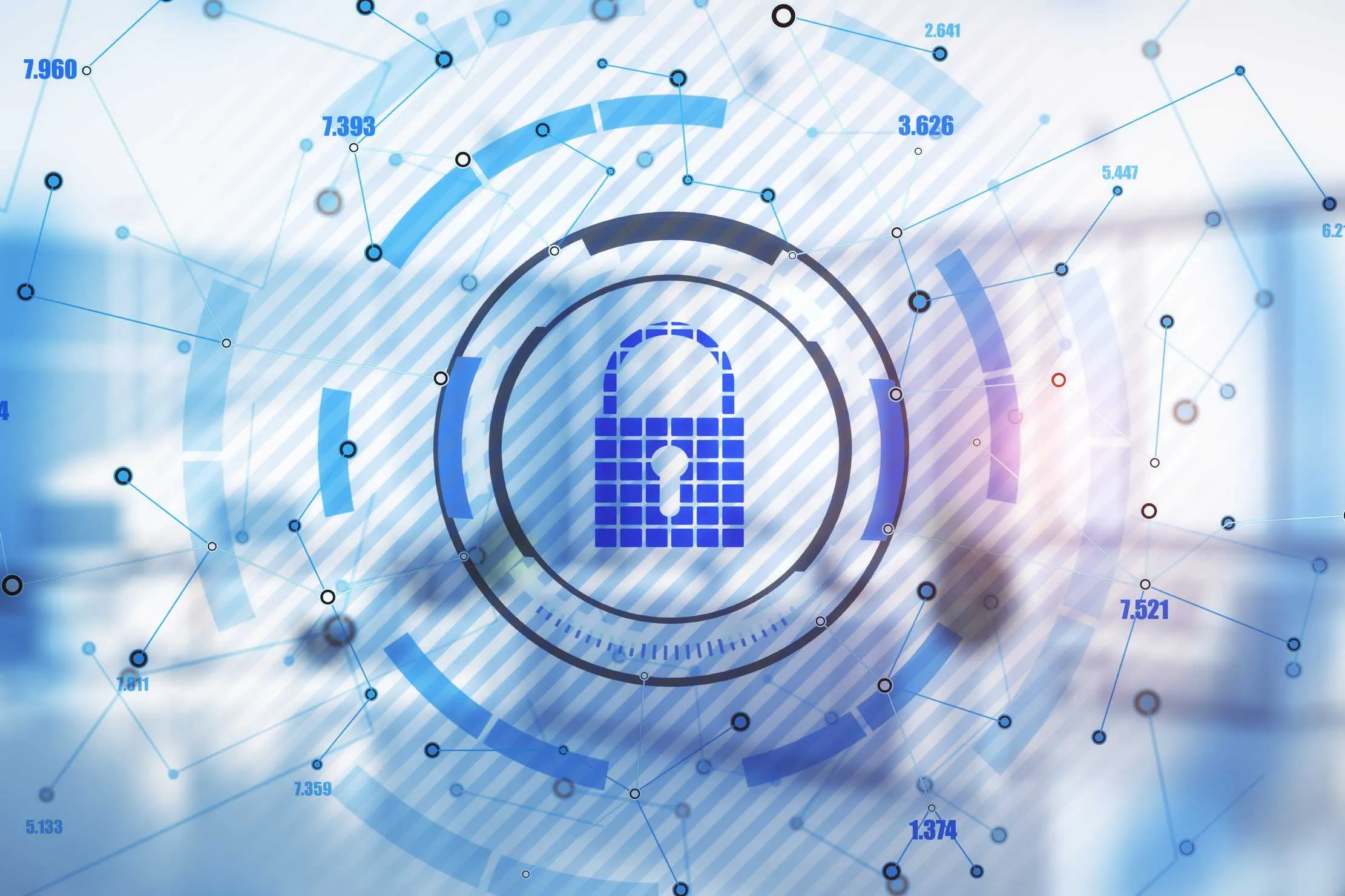 Keylock hologram over a server room — every byte that leaves Maduuka travels encrypted over TLS