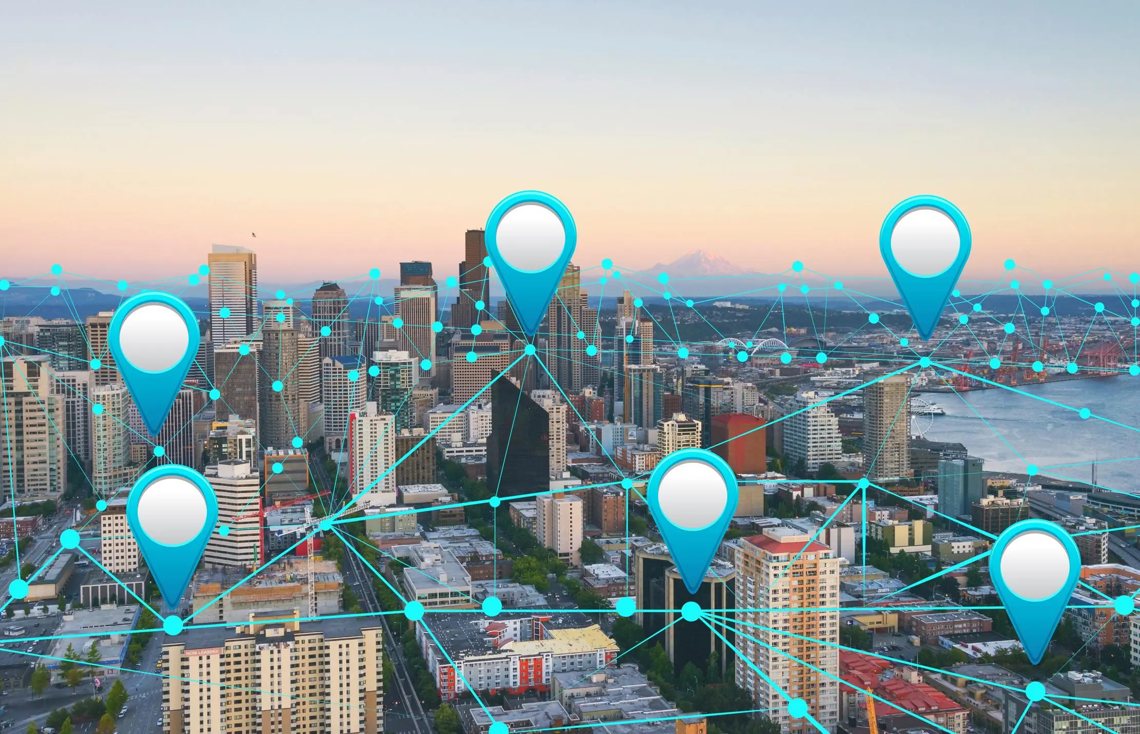 City map with connected location markers representing several managed outlets