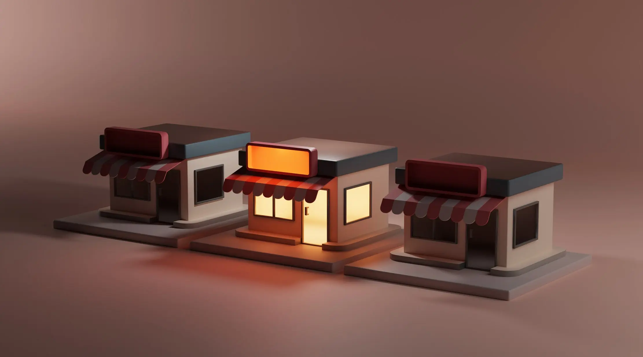 Three matching storefront models representing a repeatable branch operating model