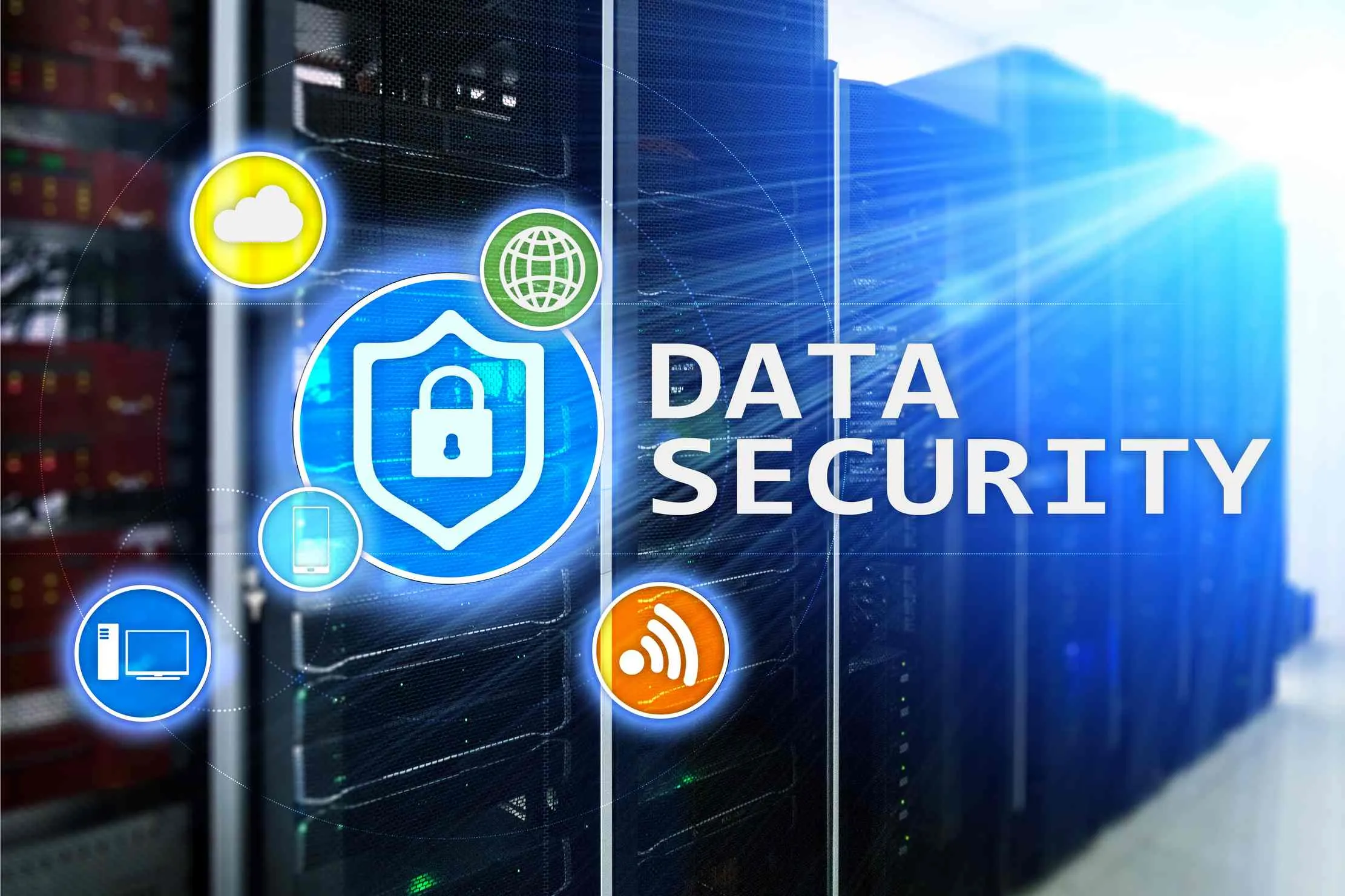 Server room with data security lock icons — Maduuka's multi-tenant isolation architecture