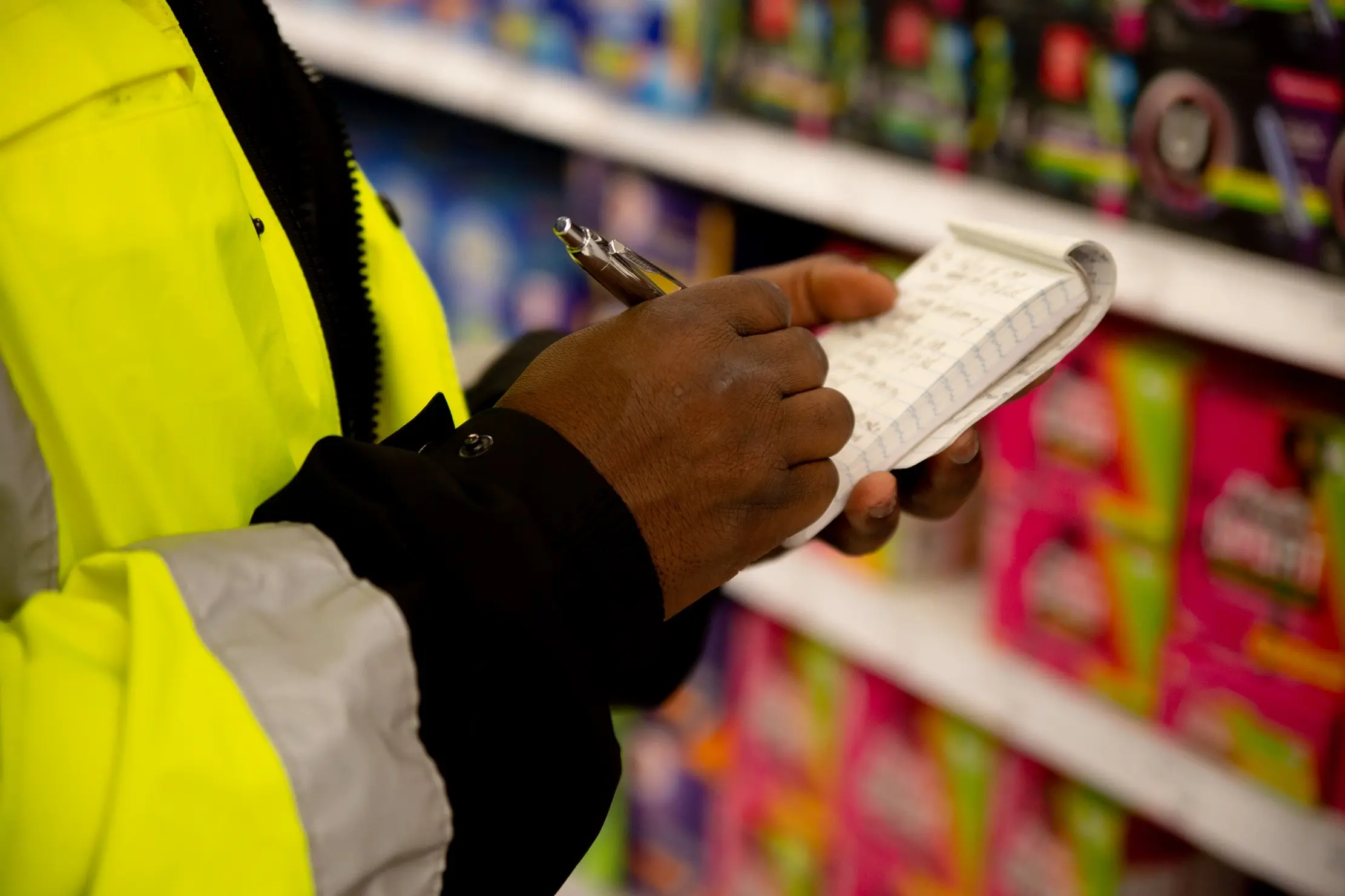 Responsable du stock notant ses observations devant les rayons pendant un contrôle périodique