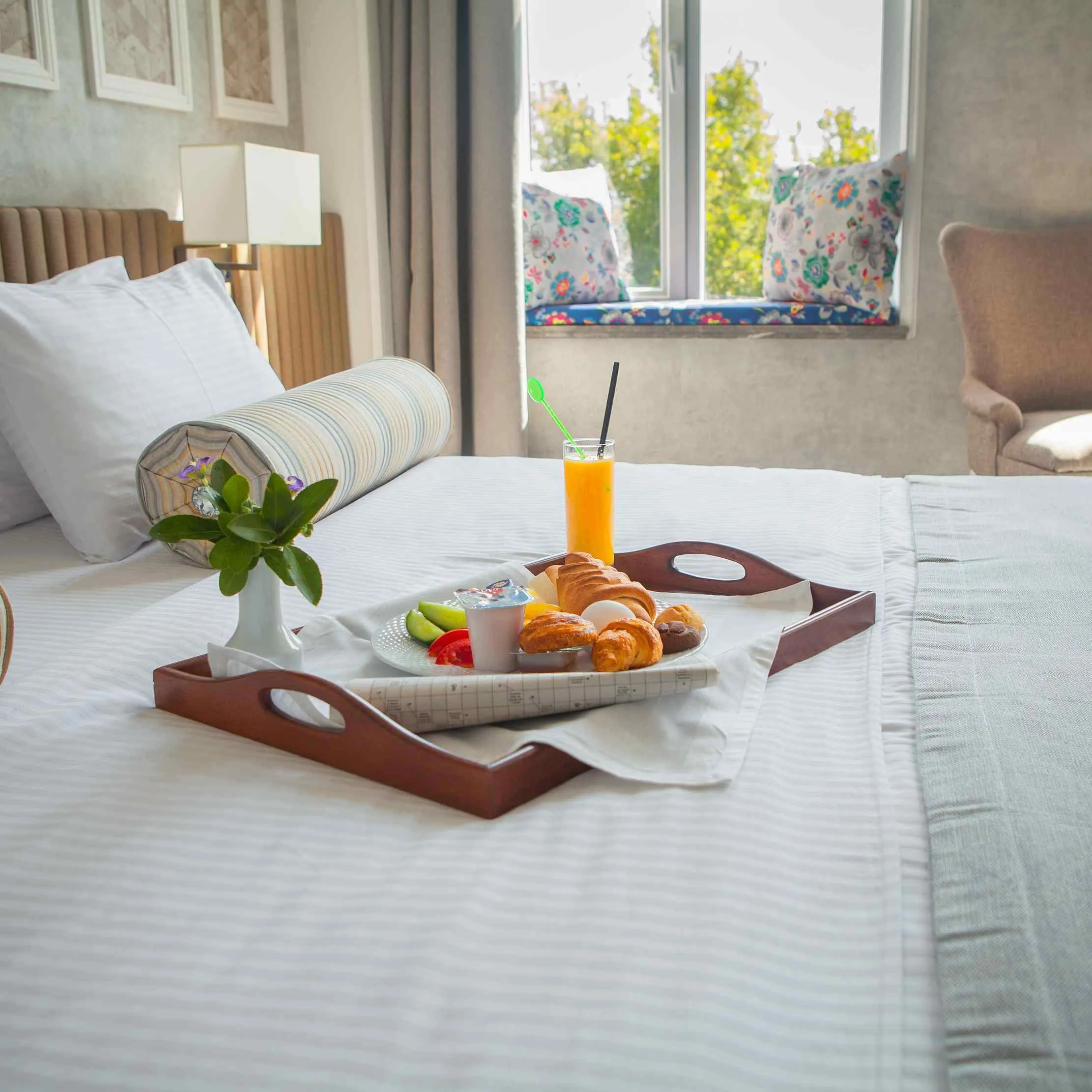 Hotel breakfast tray with continental breakfast