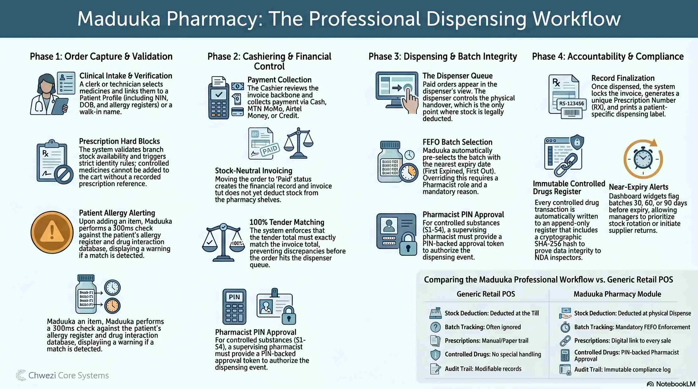 Pharmacy dispensing workflow infographic showing the Maduuka flow from order validation to payment, dispensing, exceptions, and reporting
