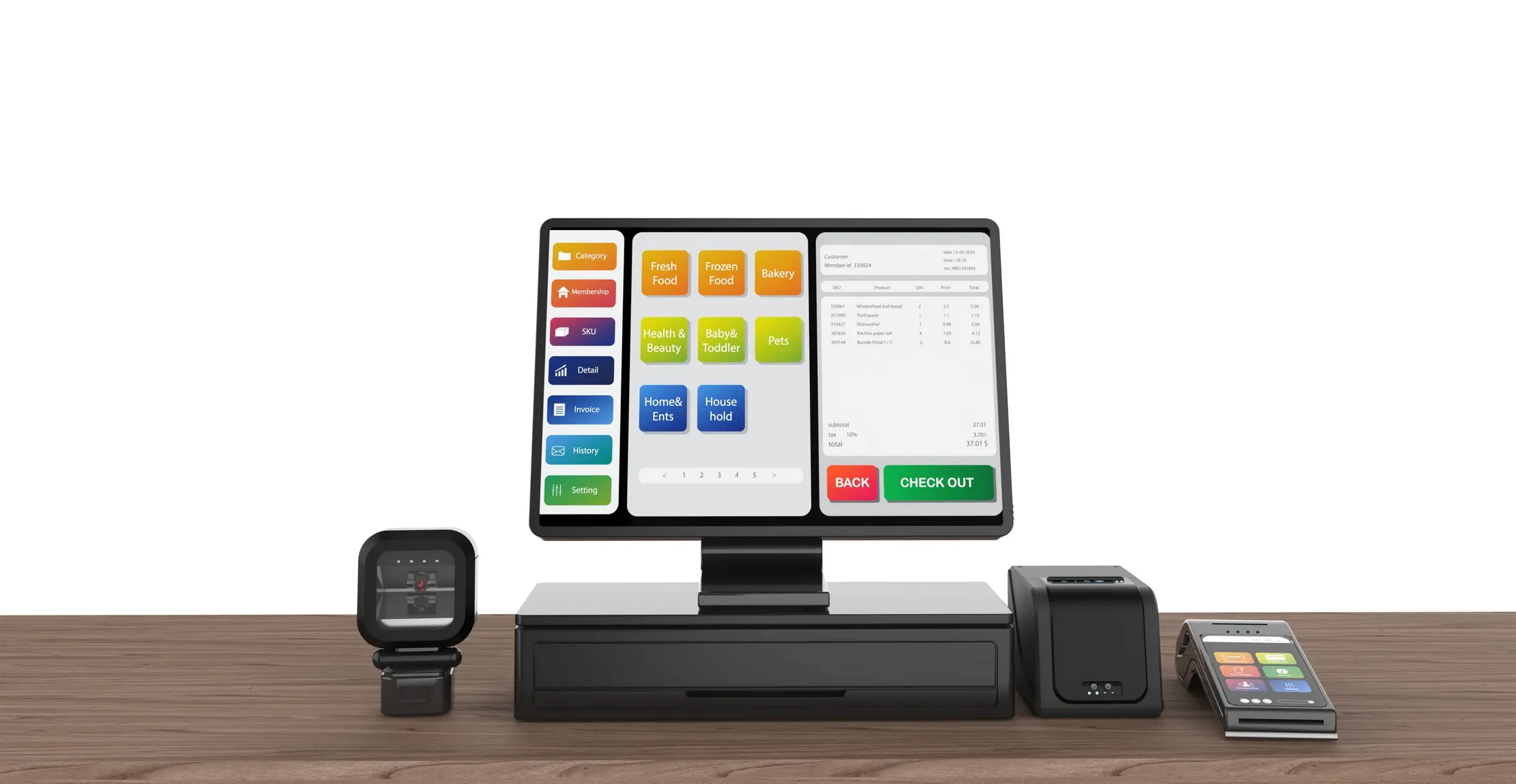 Terminal de caisse, imprimante de reçus, scanner code-barres et lecteur de carte sur un comptoir commercial