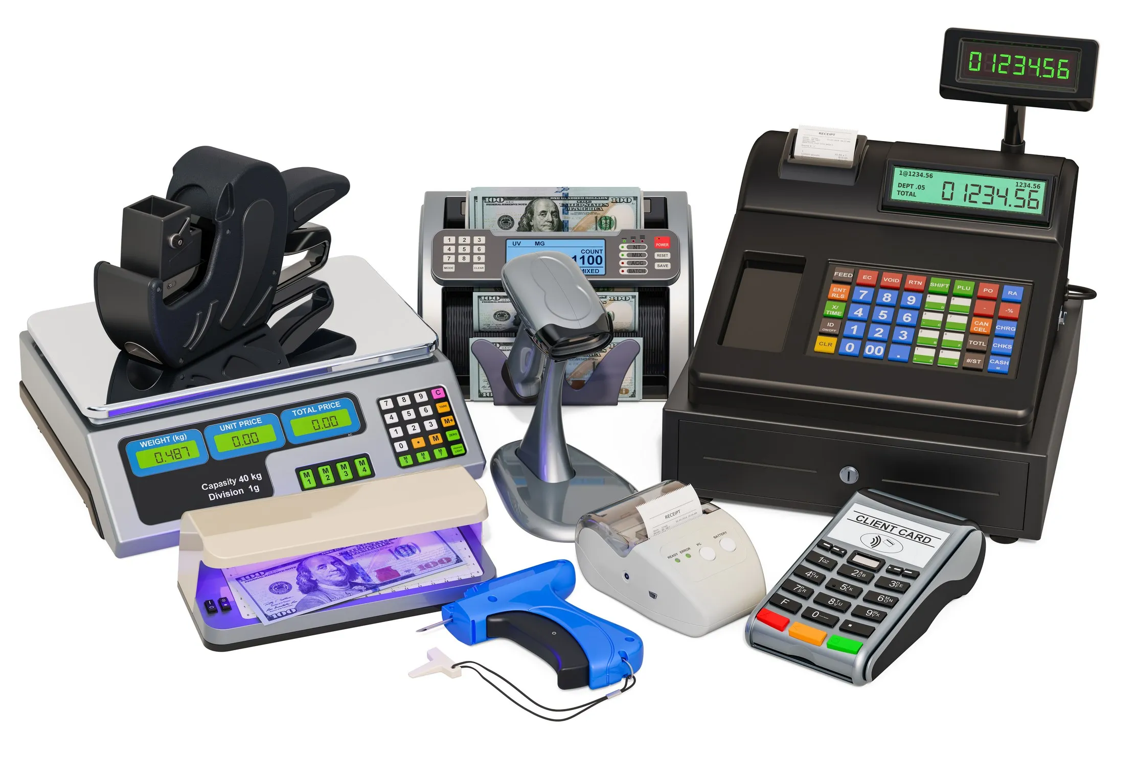POS hardware with receipt printer, barcode scanner, cash drawer, and payment terminal for retail operations