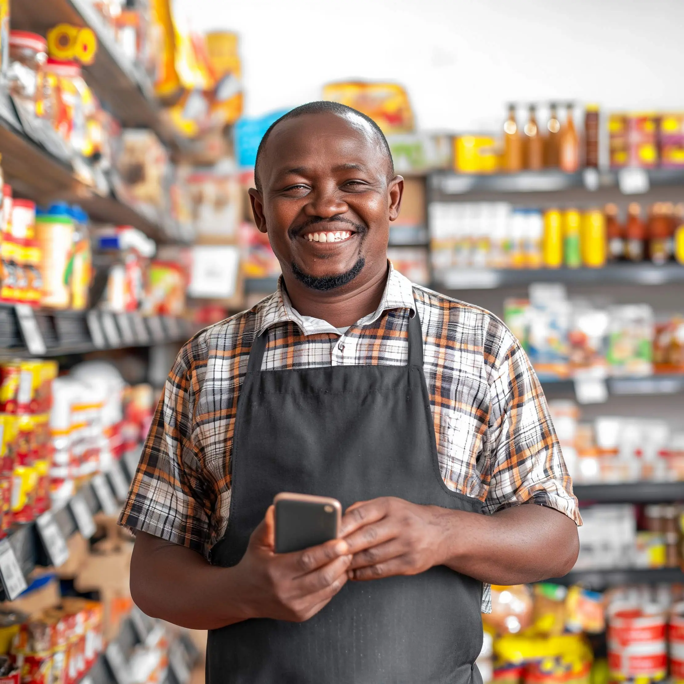 Commerçant utilisant un téléphone dans une boutique approvisionnée, illustrant les workflows Maduuka de caisse et de stock
