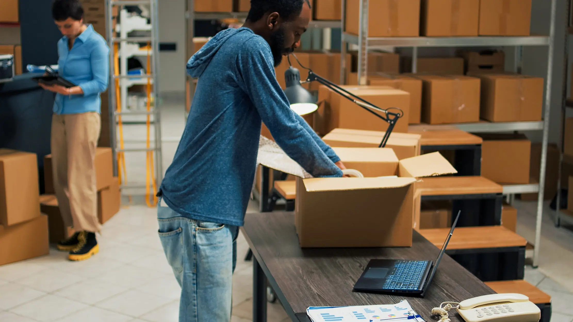 Warehouse team preparing boxed goods for a controlled branch stock transfer