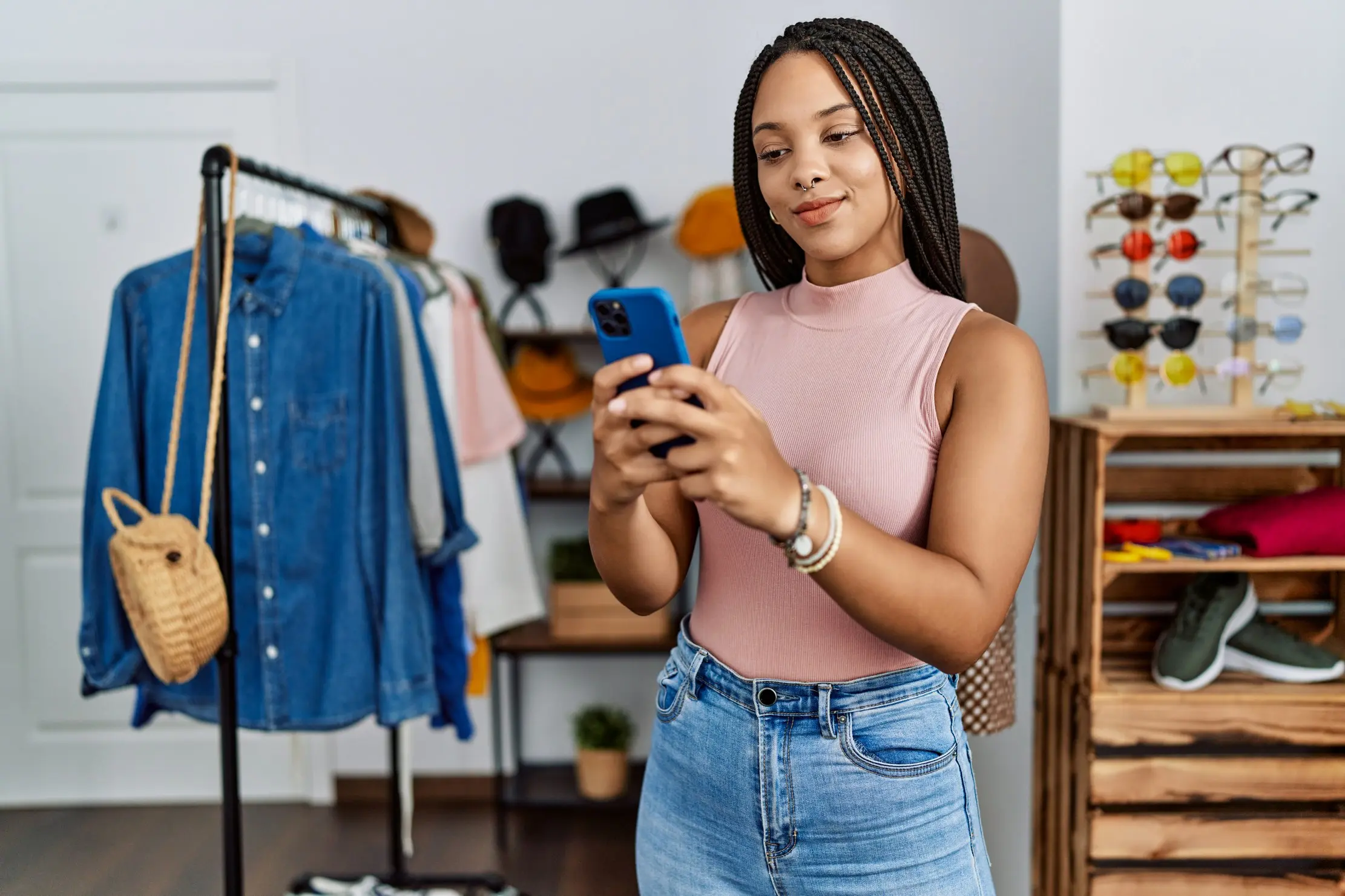Customer using a smartphone inside a clothing store while asking about products by message
