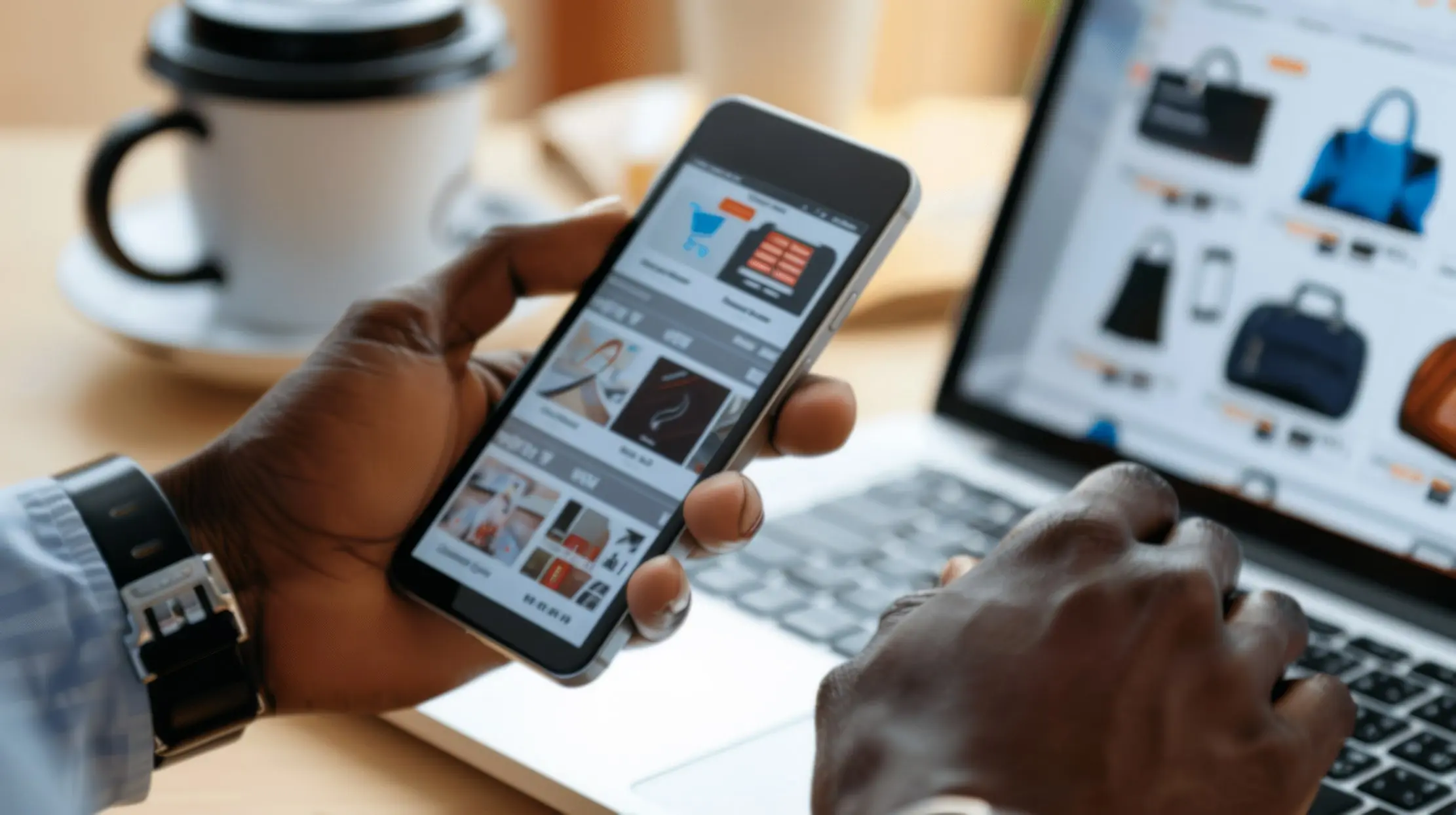 Person shopping online by smartphone before a sale is recorded in the business system